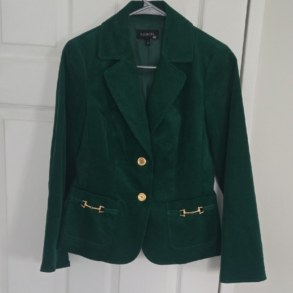 TALBOTS  VELVET EMERALD GREEN BLAZER  WITH HORSEBIT DECORATION  SIZE 2